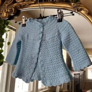 Vintage Handmade Crochet Blue Knit Cardigan Infant Sweater